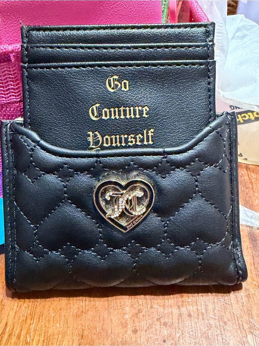 Juicy Couture Black Quilted Card Holder with Gold Heart Emblem